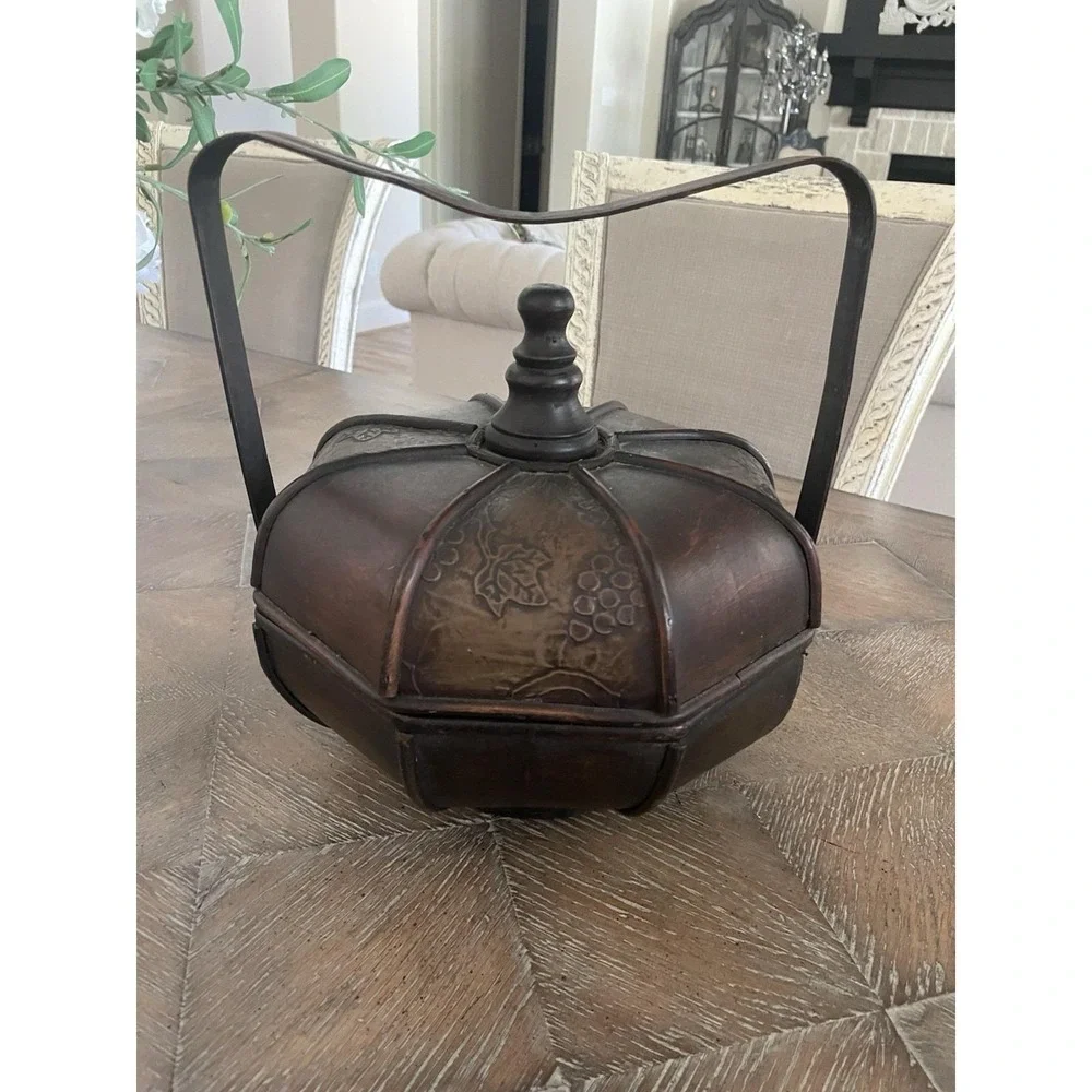 Antique Vintage Chinese Wedding Betrothal Basket  Lidded Handle Wood Rattan
